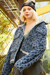 POL Flower Textured Raw Hem Long Sleeve Denim Jacket Dark OutfitFlow